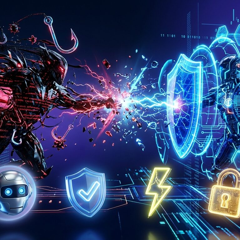 AI cybersecurity battlefield showing digital threats and protection