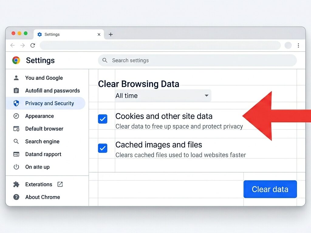 Chrome Clear Browsing Data settings for fixing Gemini Error 1096