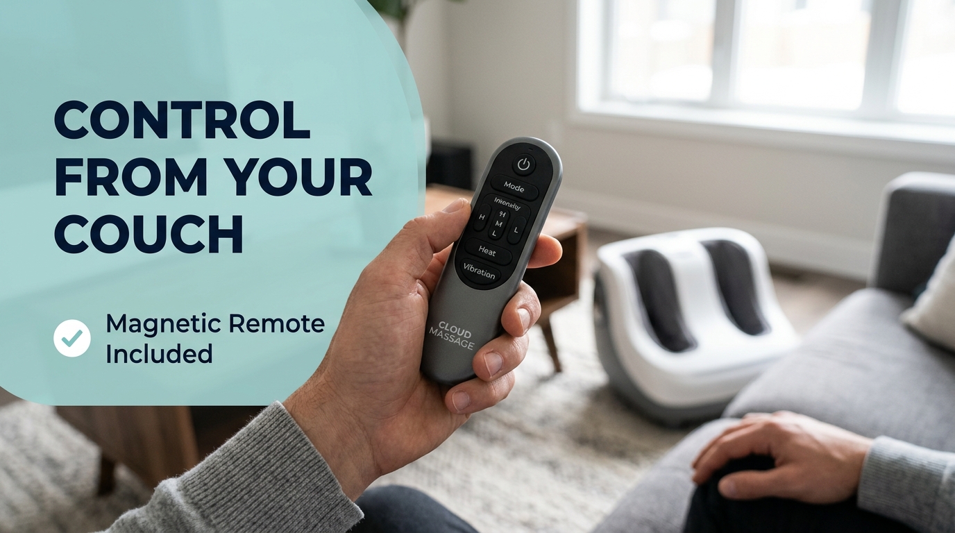 Cloud Massage Shiatsu Foot Massager magnetic 
remote control - adjust heat and intensity 
from your couch without bending over